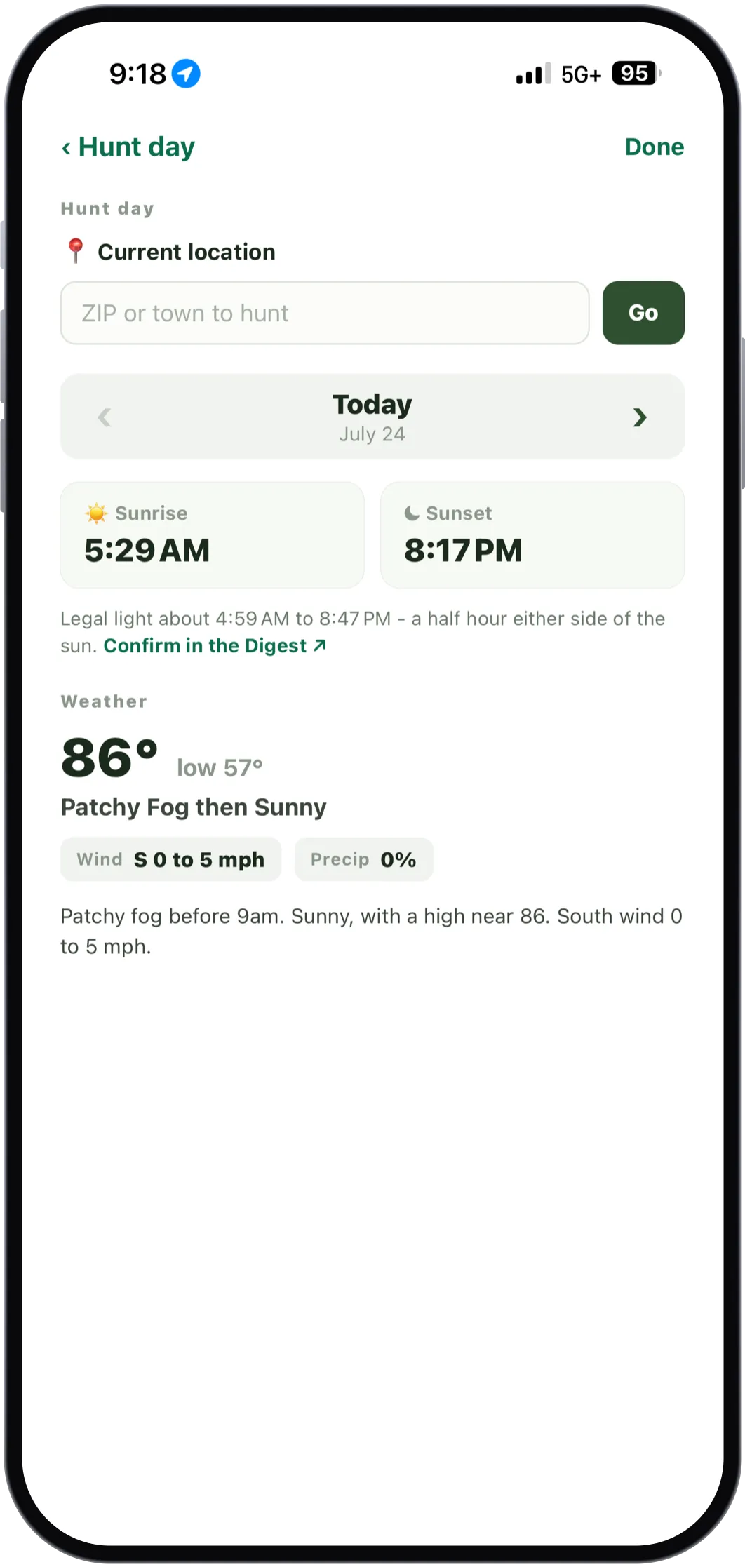 The Hunt day screen: sunrise 5:29 AM, sunset 8:17 PM, legal light about 4:59 AM to 8:47 PM, and a forecast of 86 degrees, patchy fog then sunny, south wind 0 to 5 mph.