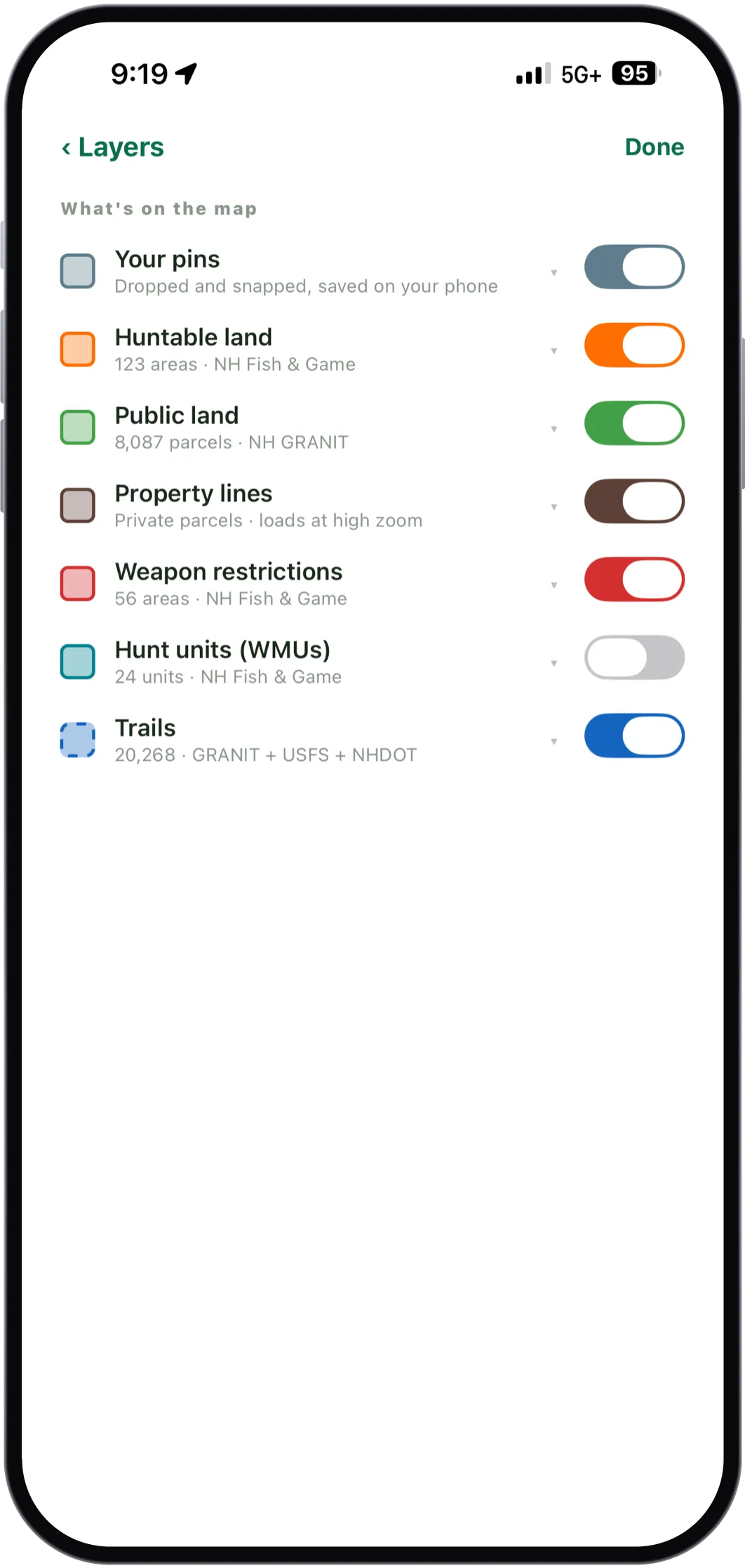 The layers sheet with toggles for your pins, huntable land (123 areas, NH Fish and Game), public land (8,087 parcels, NH GRANIT), property lines, weapon restrictions (56 areas), hunt units (24 units) and trails (20,268, GRANIT plus USFS plus NHDOT).