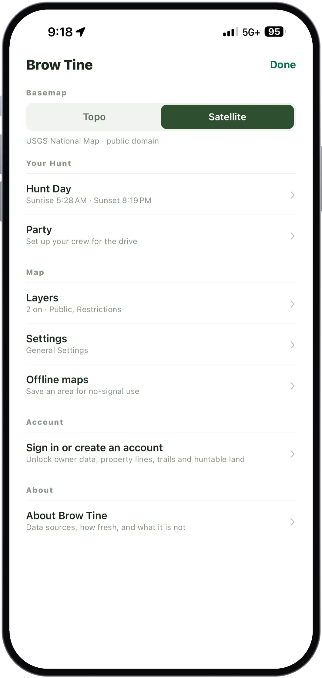 The Brow Tine menu: a topo and satellite basemap toggle, Hunt Day with sunrise and sunset, Party, Layers, Settings, Offline maps, an account row and an About row.