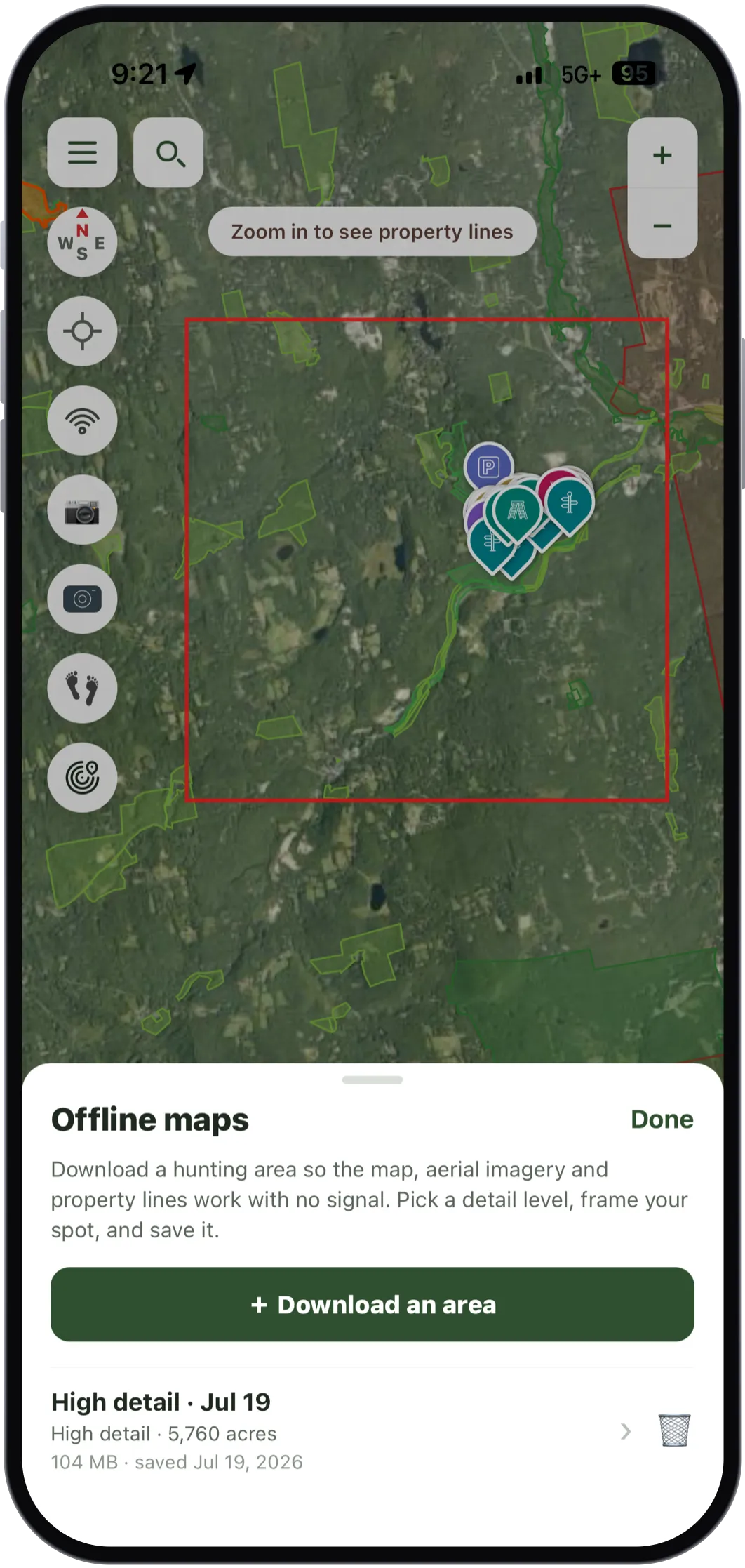 The Offline maps sheet over aerial imagery, with a red square framing a hunting area full of waypoints. Below it, a Download an area button and one saved pack: High detail, Jul 19, 5,760 acres, 104 MB, saved July 19 2026.