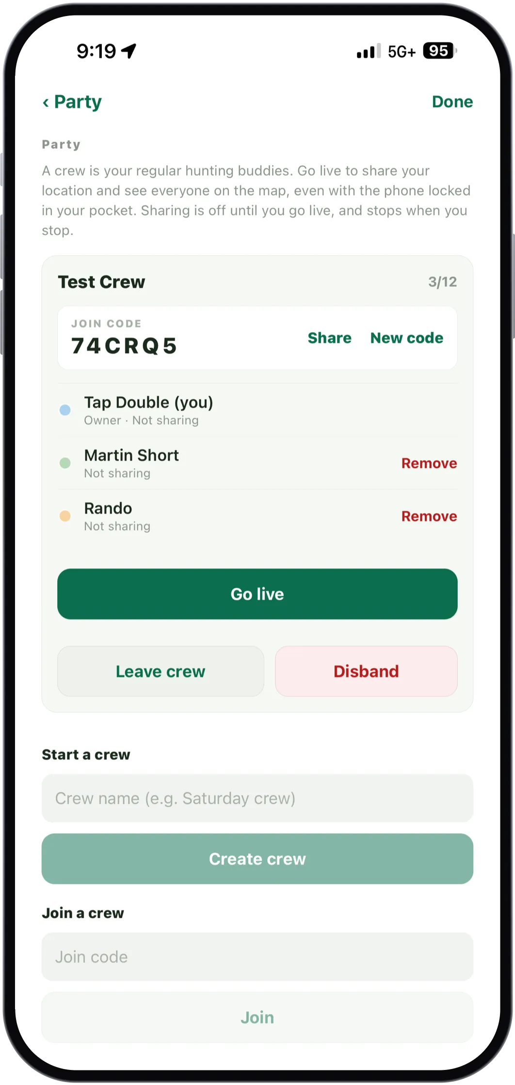The Party screen showing Test Crew with 3 of 12 members, a join code, a list of members marked not sharing, and a Go live button.