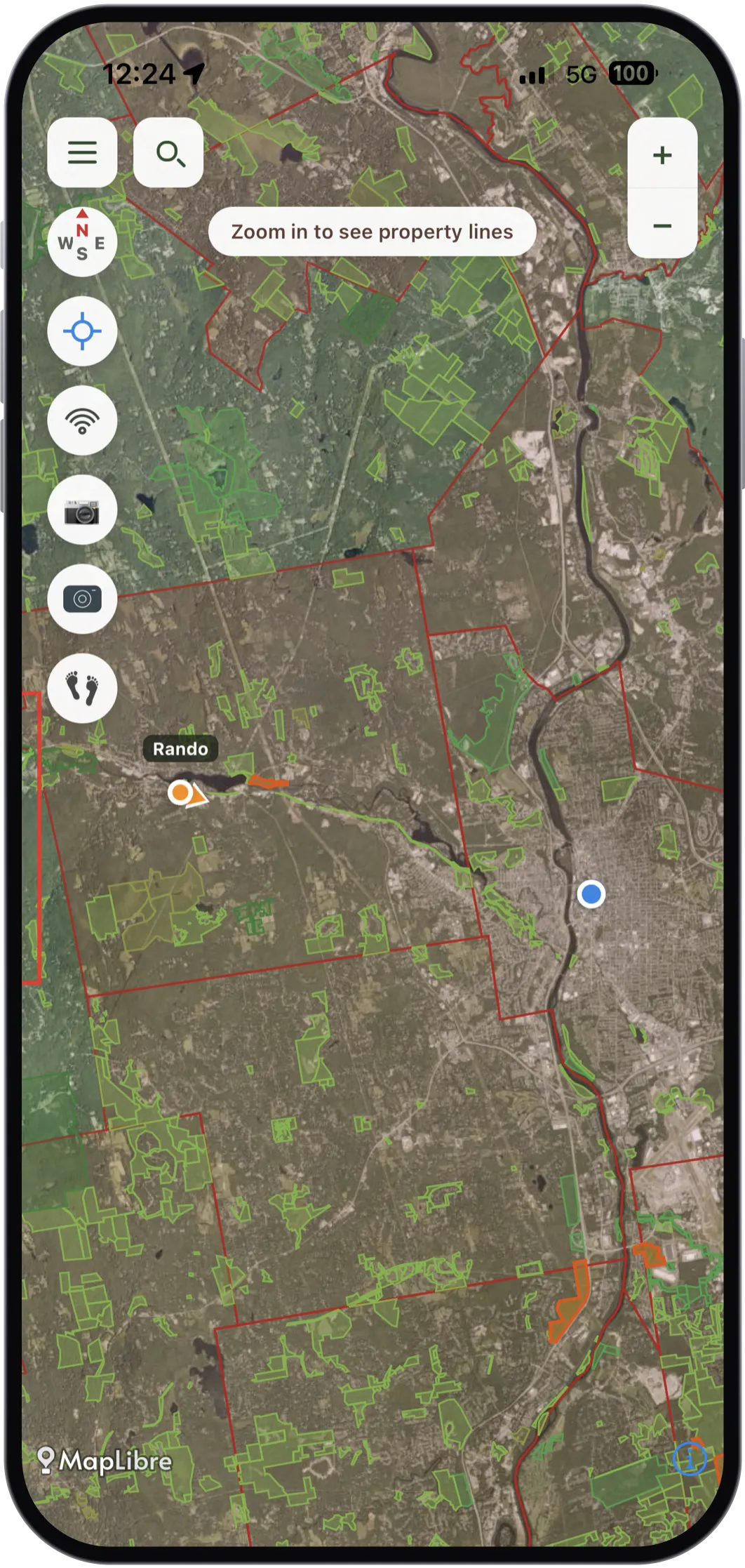 Brow Tine on iPhone: aerial imagery over New Hampshire with public land outlined in green, a weapon-restriction boundary in red, and a hunting buddy labelled Rando shown as an orange marker with a heading arrow while your own position sits as a blue dot a few miles away.