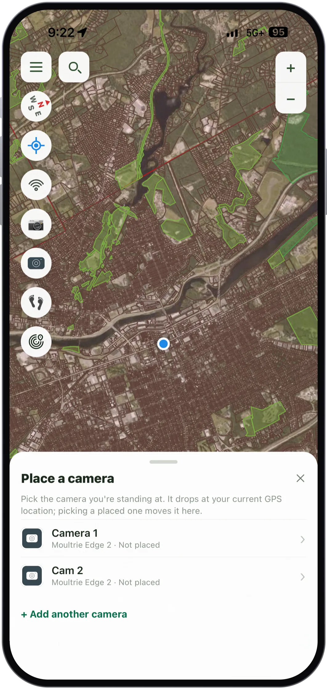 The Place a camera sheet over aerial imagery, listing Camera 1 and Cam 2, both Moultrie Edge 2 and not yet placed, with an option to add another camera.