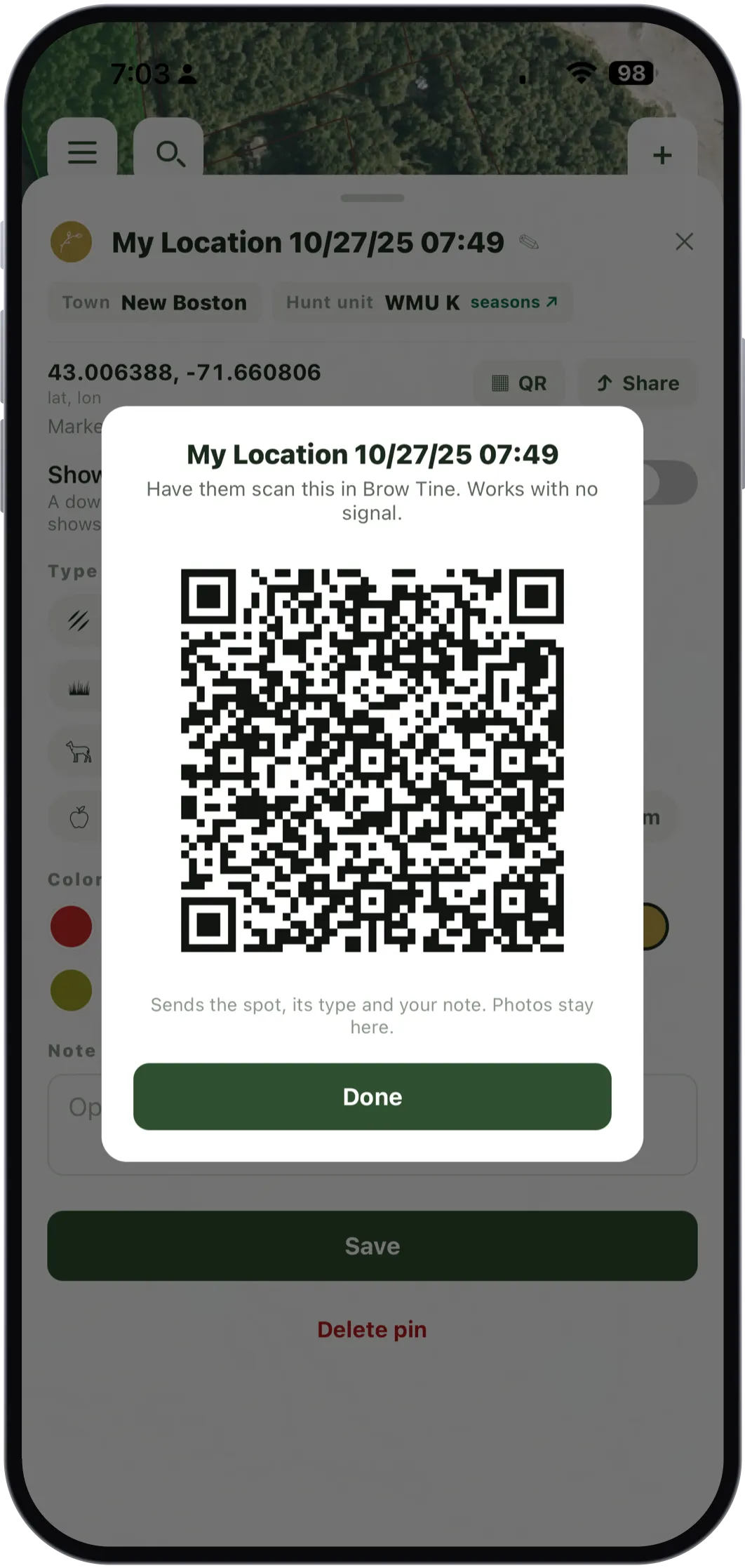 A waypoint's QR sheet reading My Location 10/27/25 07:49, have them scan this in Brow Tine, works with no signal, above a large QR code and a note that it sends the spot, its type and your note while photos stay here.