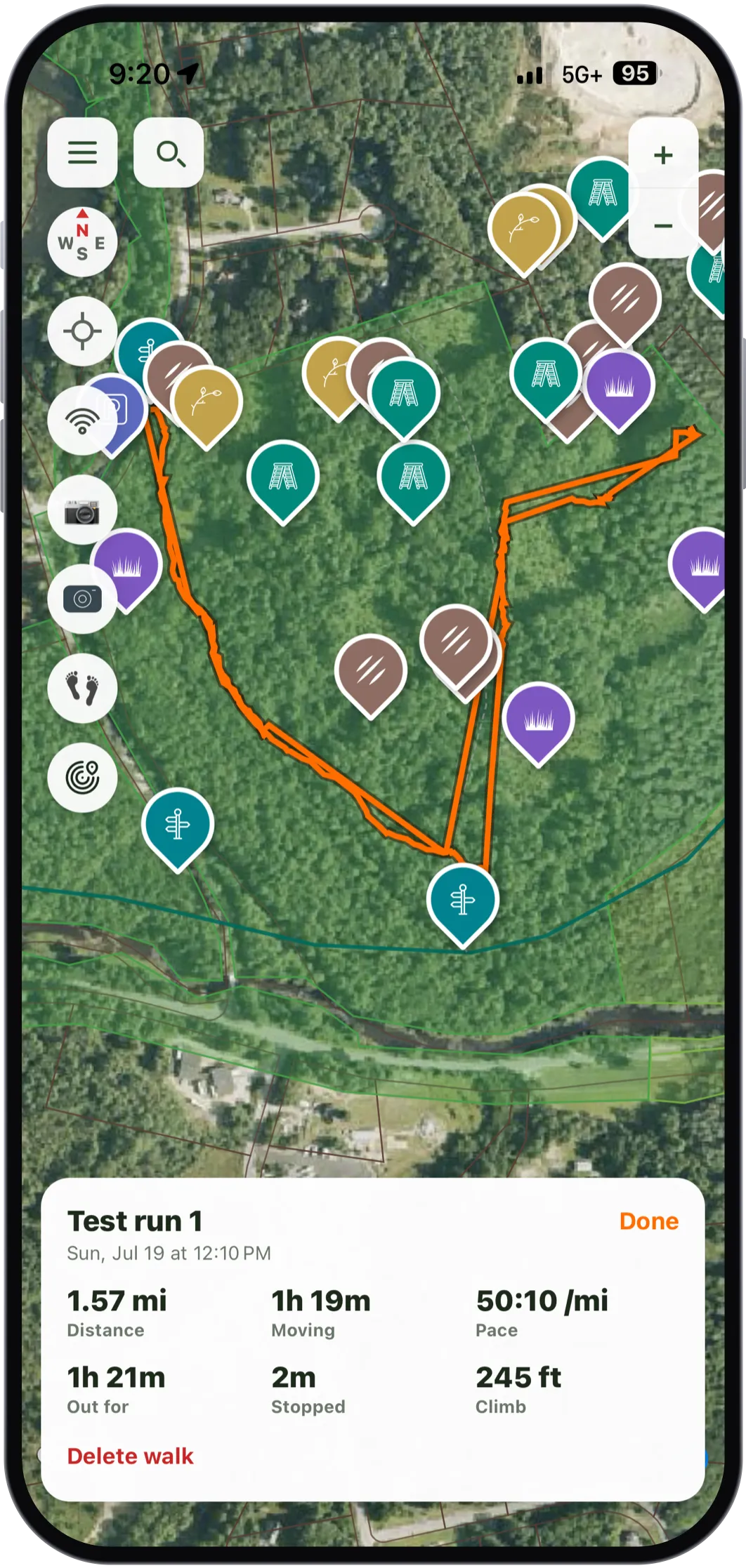 A recorded walk drawn in orange over aerial imagery, surrounded by stand, rub, scrape and trailhead pins. The card reads Test run 1: 1.57 miles, 1 hour 19 minutes moving, 50:10 per mile, out for 1 hour 21 minutes, 2 minutes stopped, 245 feet of climb.